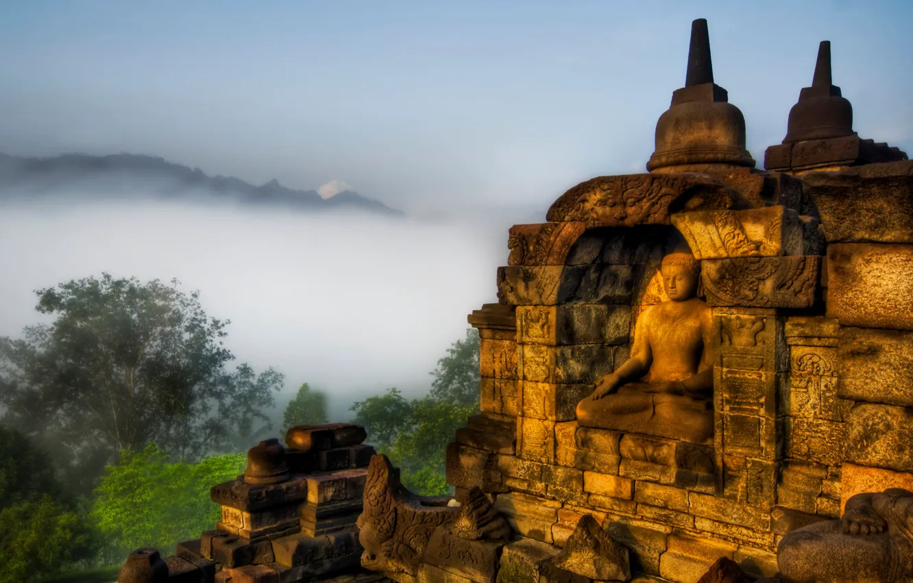 Photo wallpaper fog, Buddha, highlands, highlands, Tibet, tibet, buddha