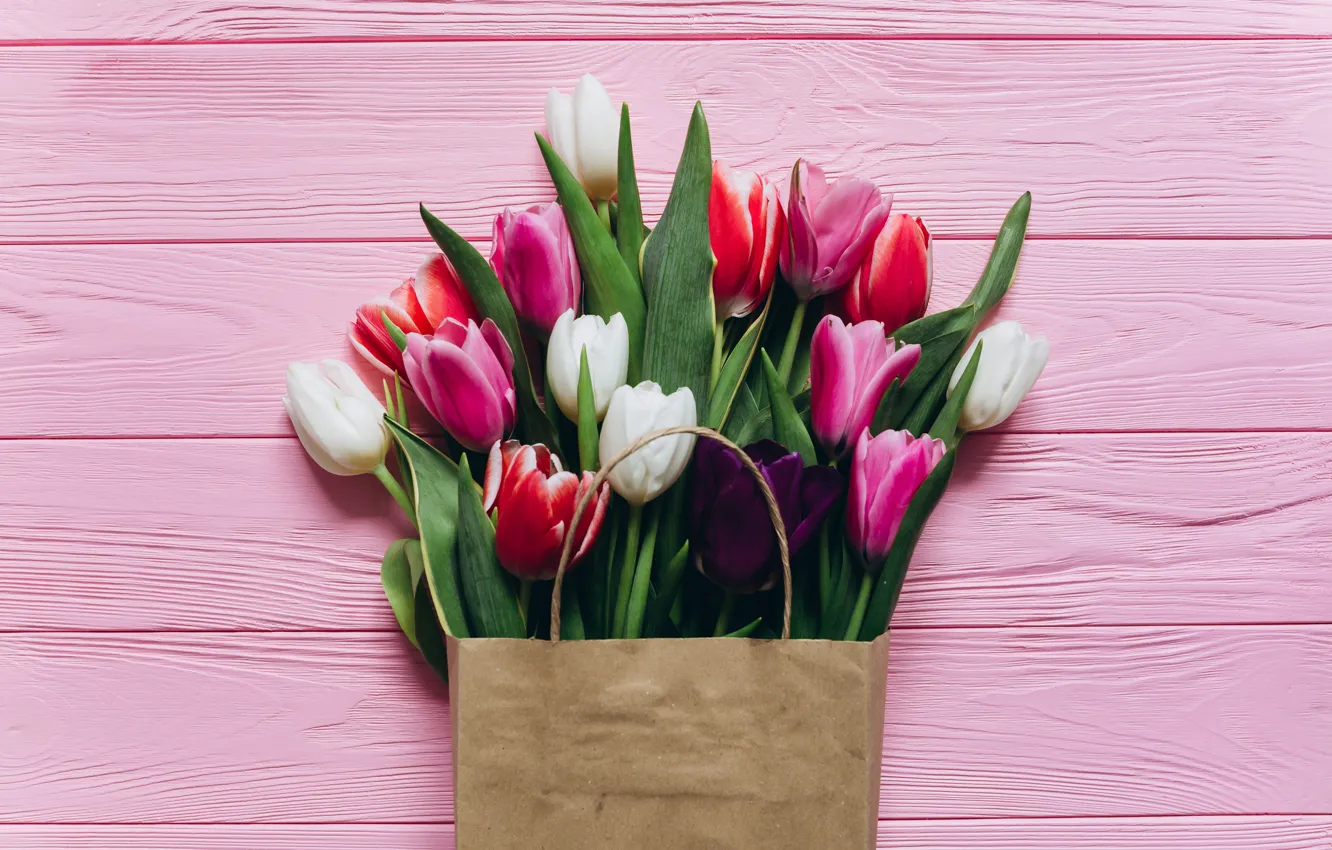 Photo wallpaper flowers, bouquet, tulips, bag