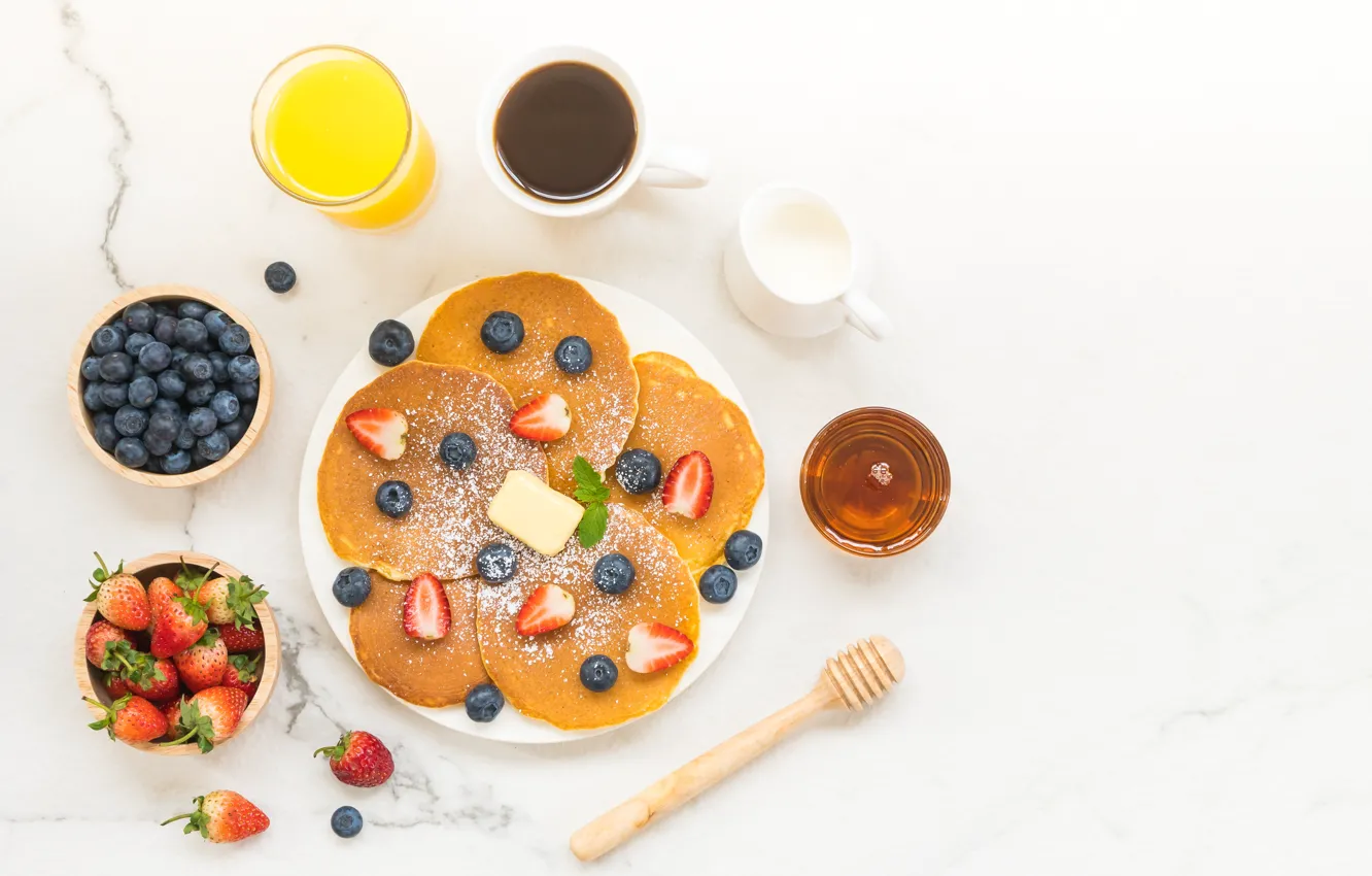 Photo wallpaper berries, Breakfast, juice, pancakes