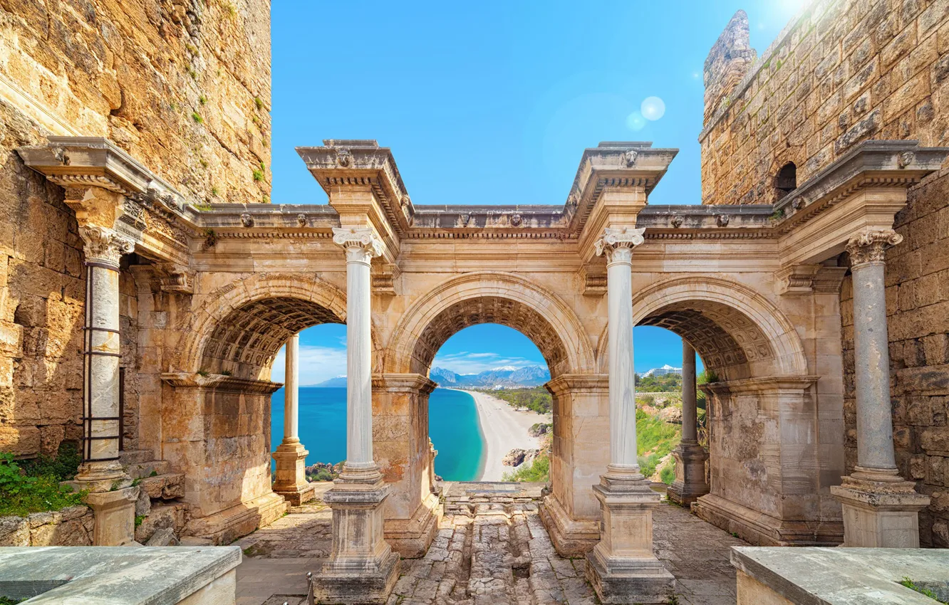 Photo wallpaper sea, the building, columns, ruins, Turkey, Antalya