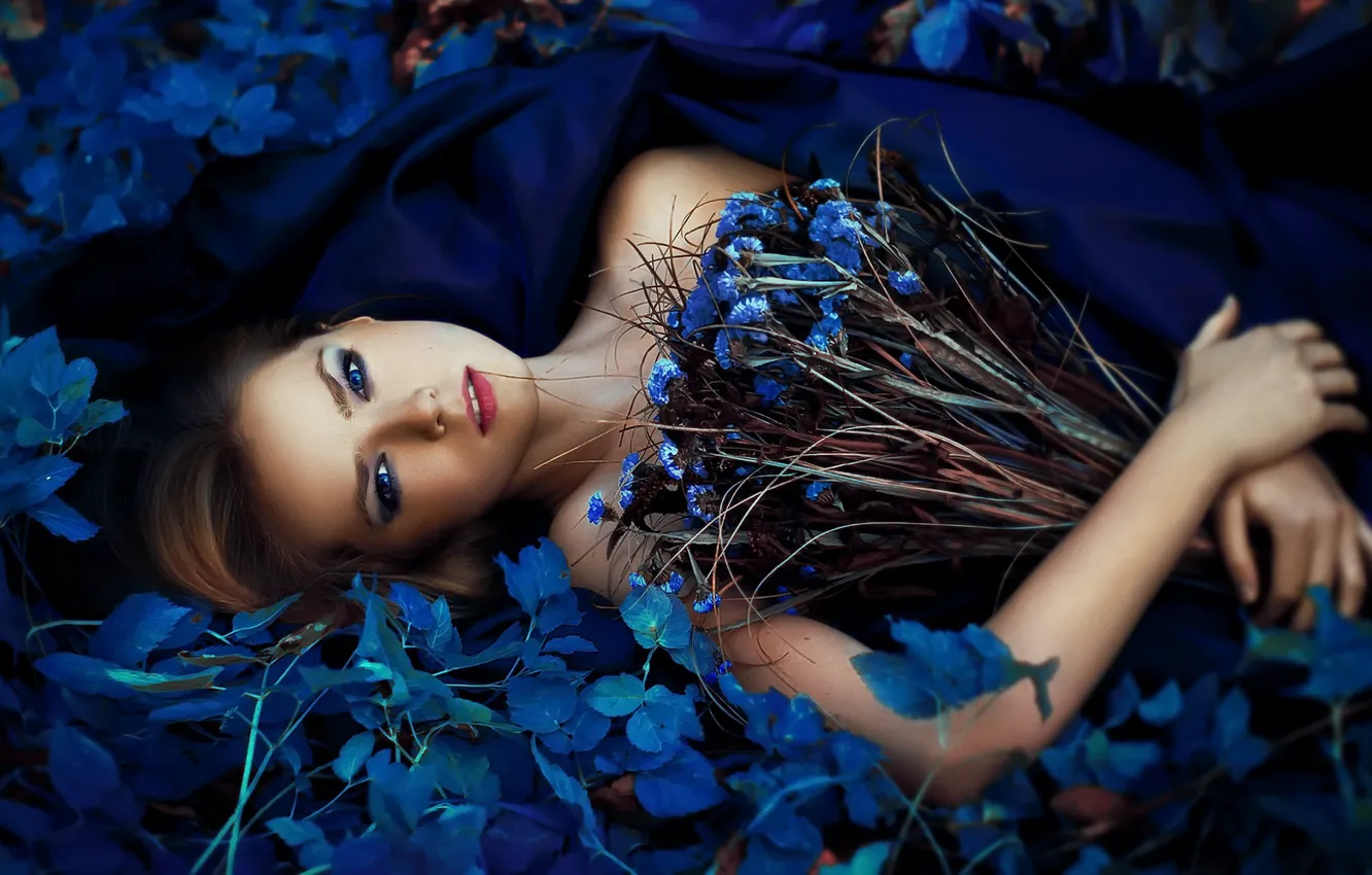 Photo wallpaper girl, flowers, Azure