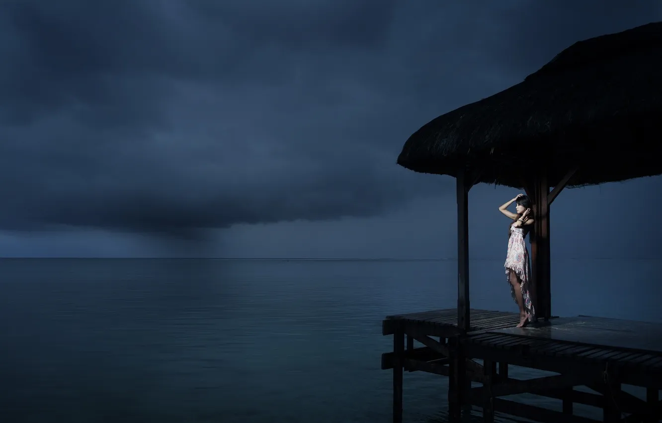 Photo wallpaper sea, girl, Asian