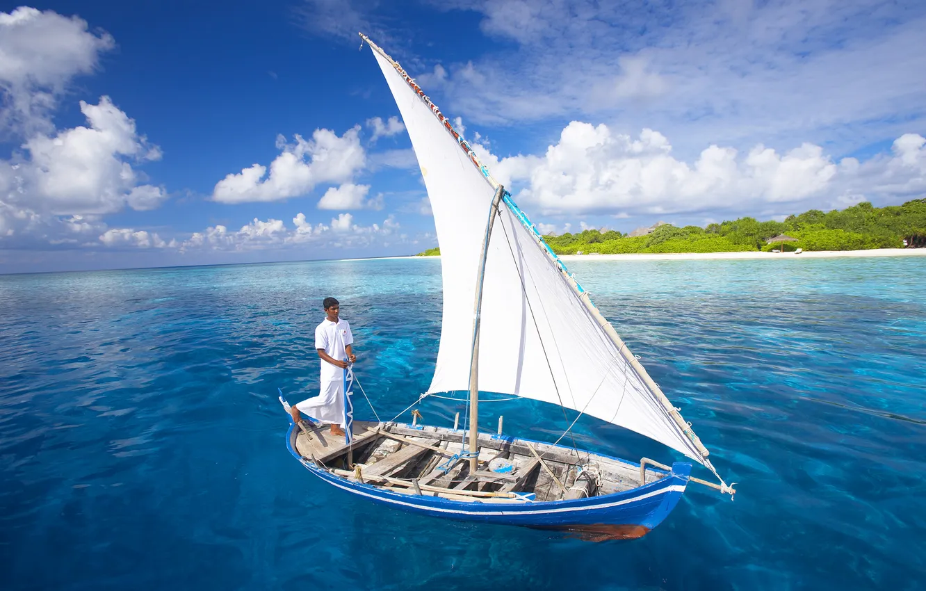 Photo wallpaper sea, the ocean, Wallpaper, boat, heat, boy, sail, wallpapers