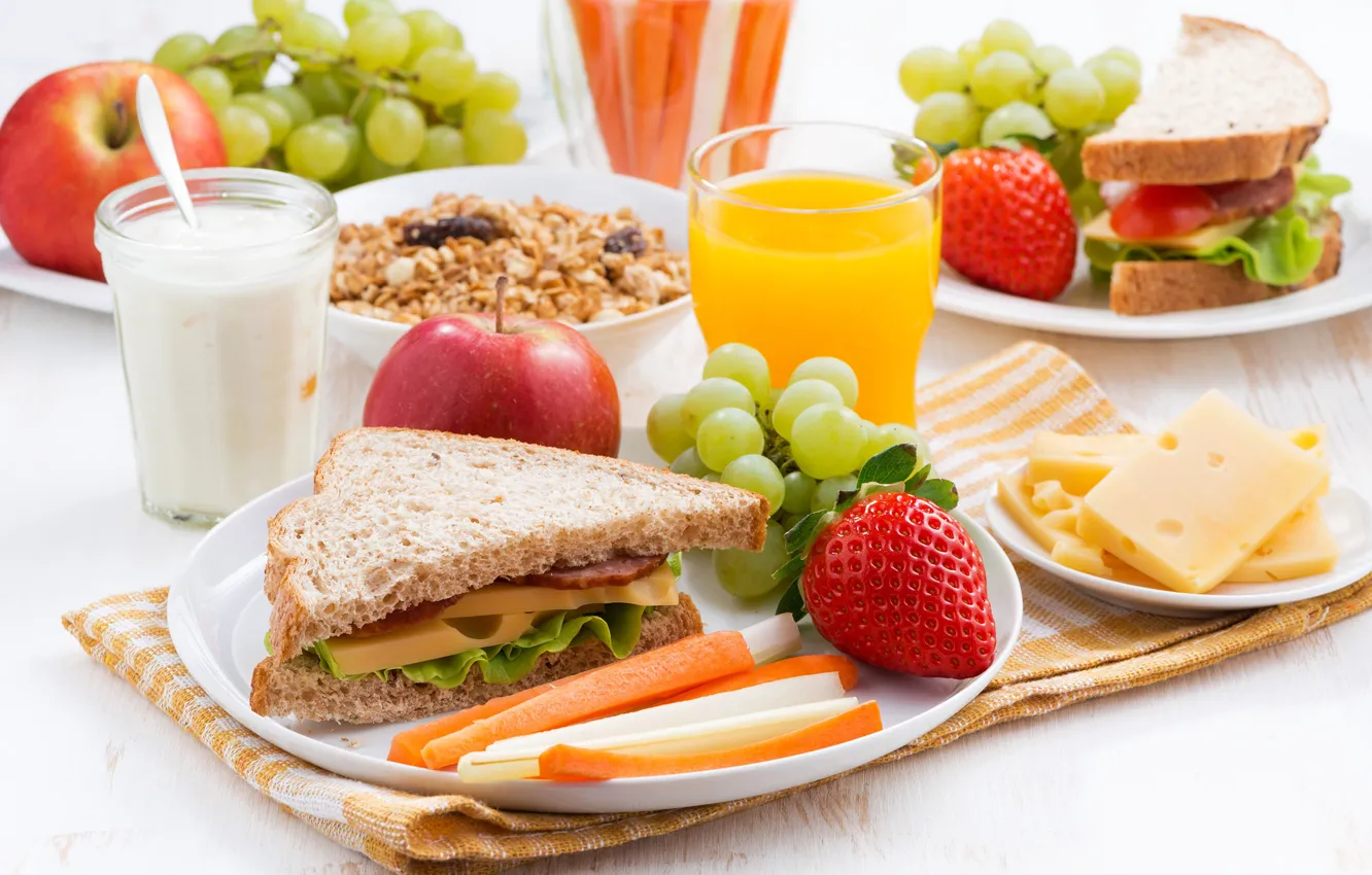 Photo wallpaper Apple, cheese, milk, strawberry, juice, grapes, sandwich