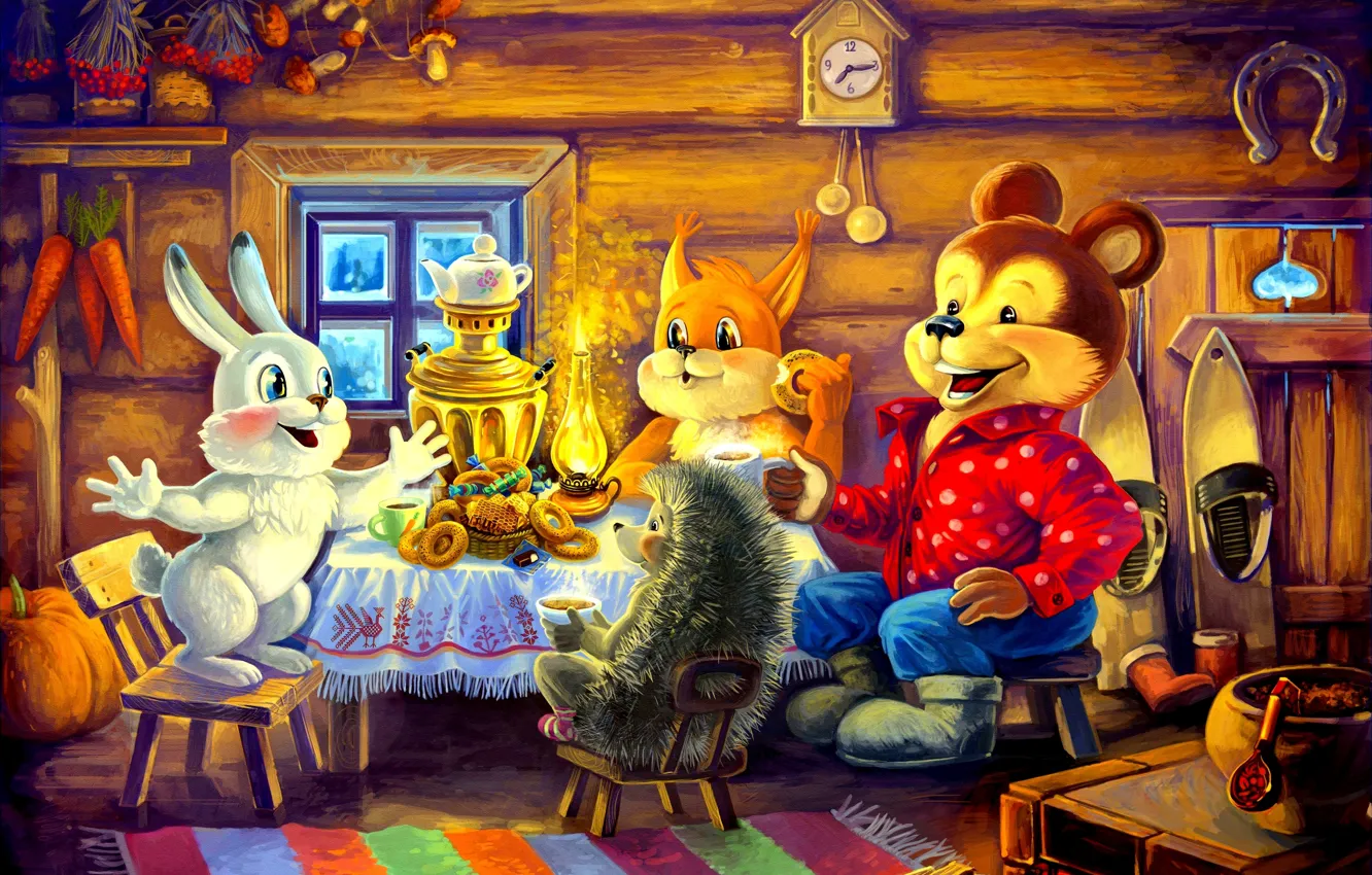 Photo wallpaper watch, hare, bear, the tea party, samovar, squirrel