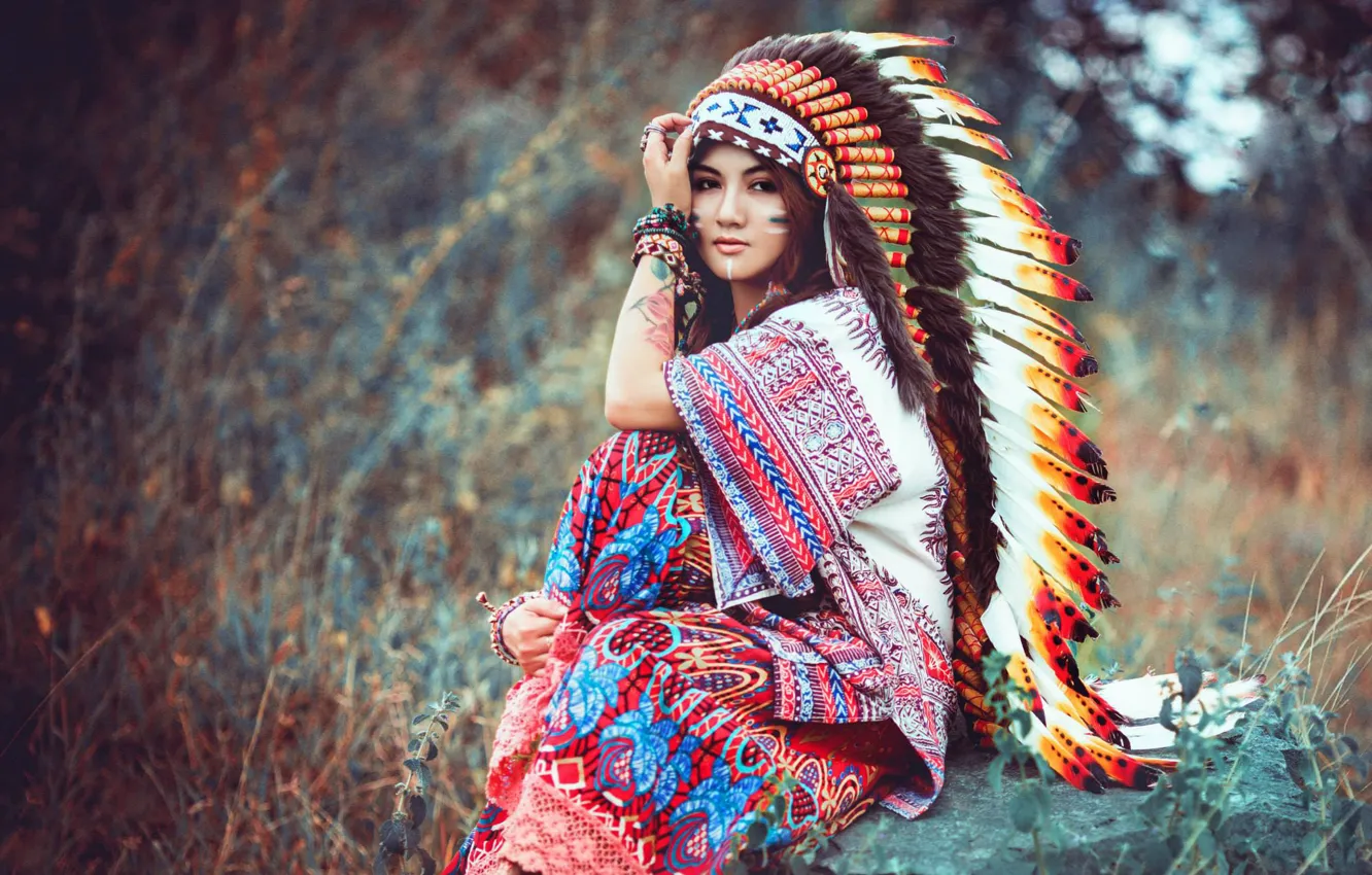 Photo wallpaper look, girl, nature, face, feathers, sitting, headdress