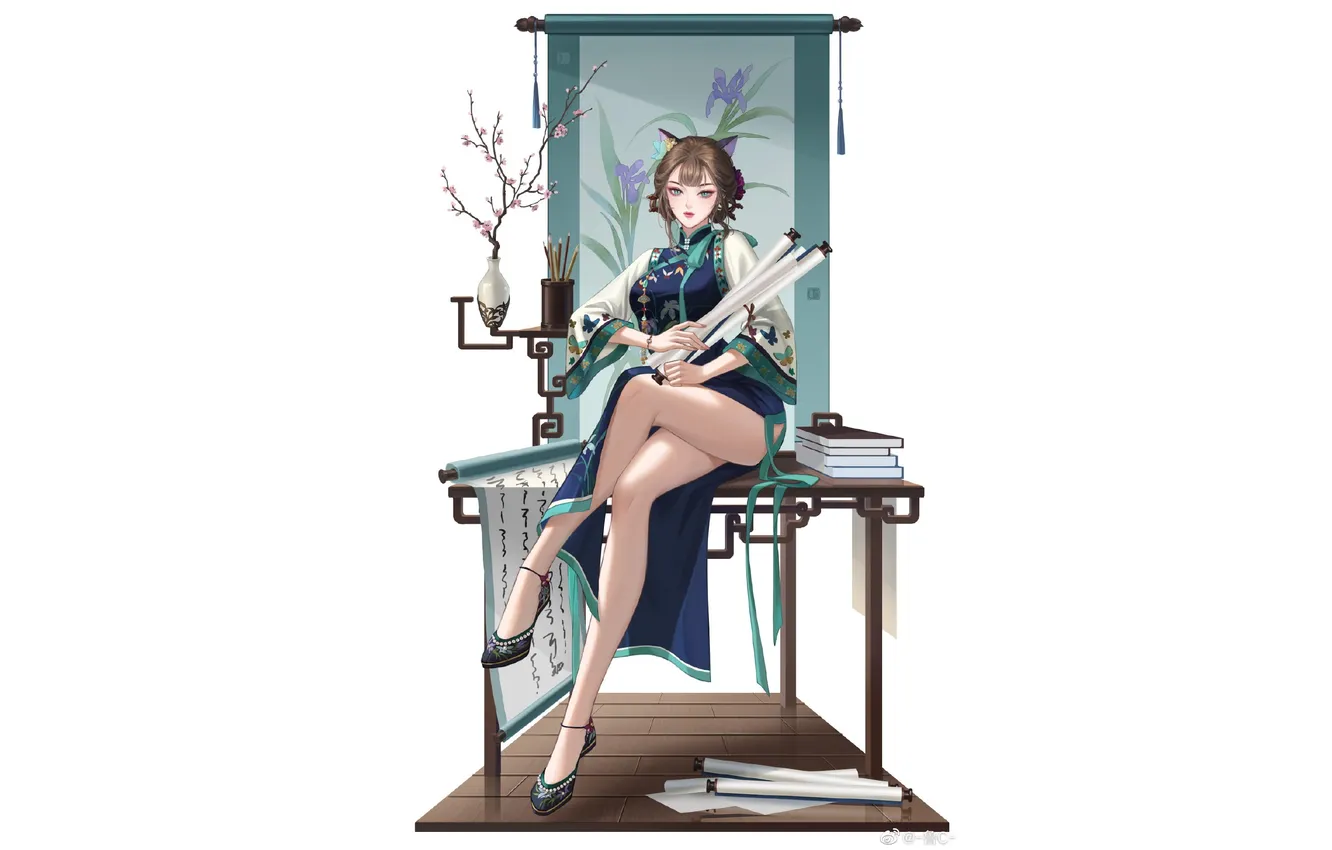 Photo wallpaper girl, table, interior, vase, office, scroll