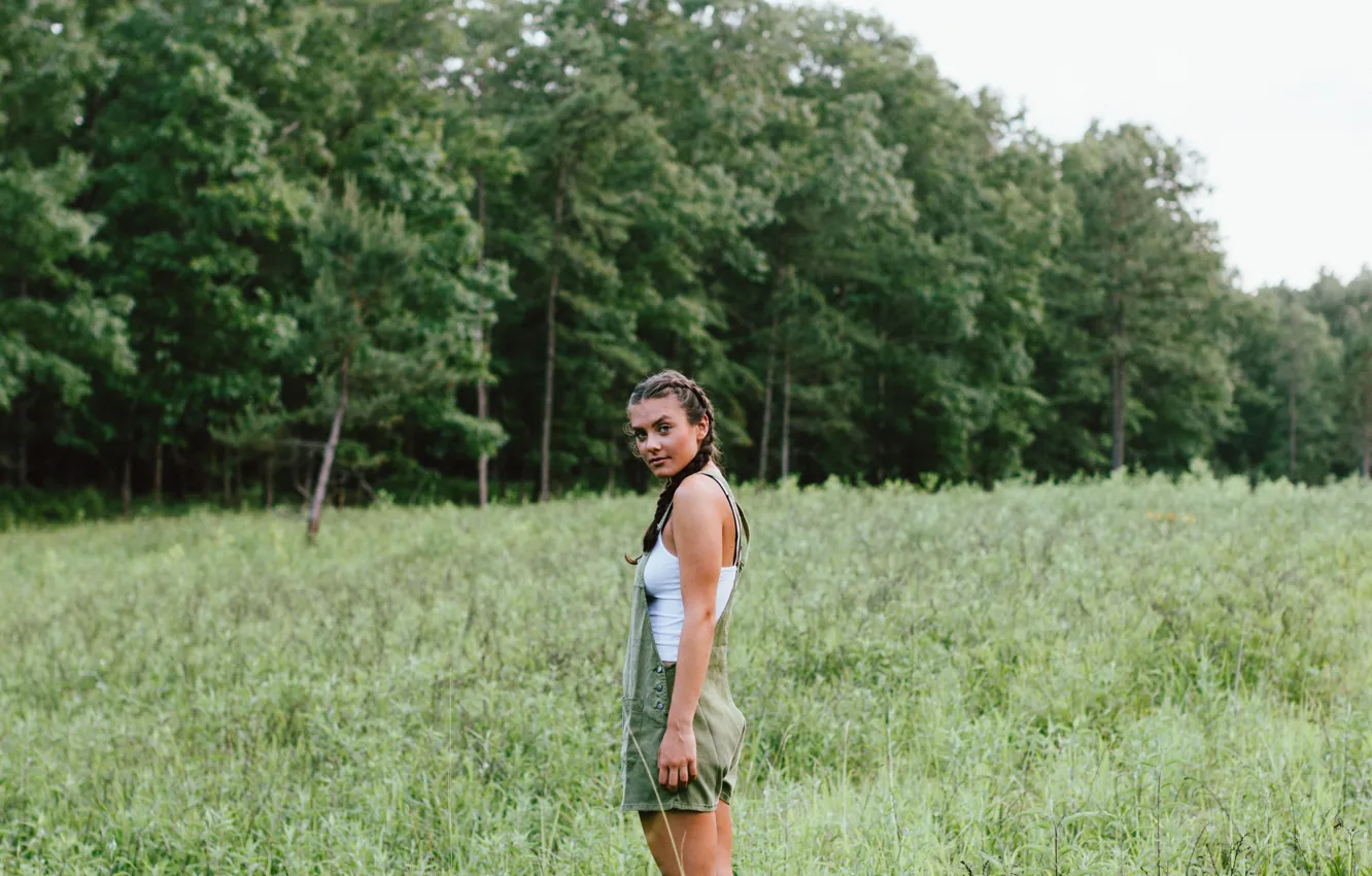 Photo wallpaper field, grass, girl, trees
