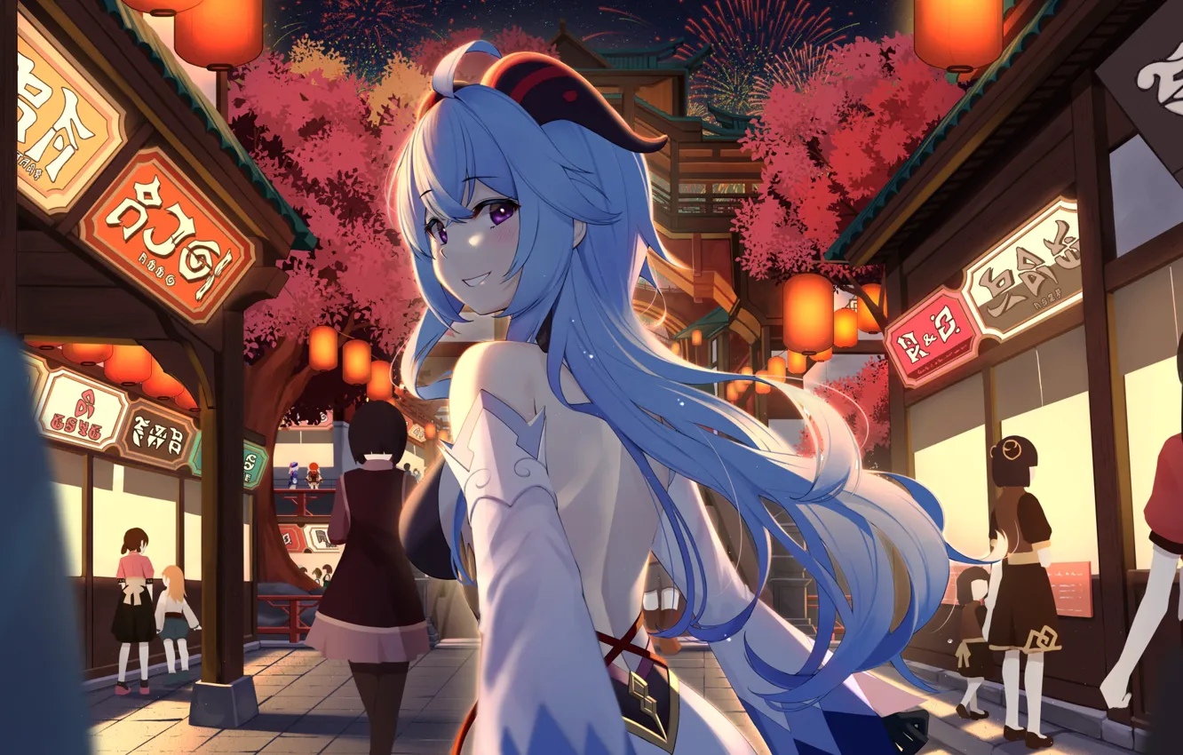 Photo wallpaper girl, trees, street, horn, Genshin Impact, Ganyu