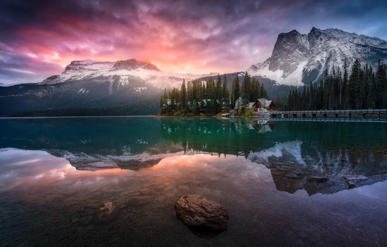 Photo wallpaper forest, the sky, clouds, snow, sunset, mountains, bridge, lake