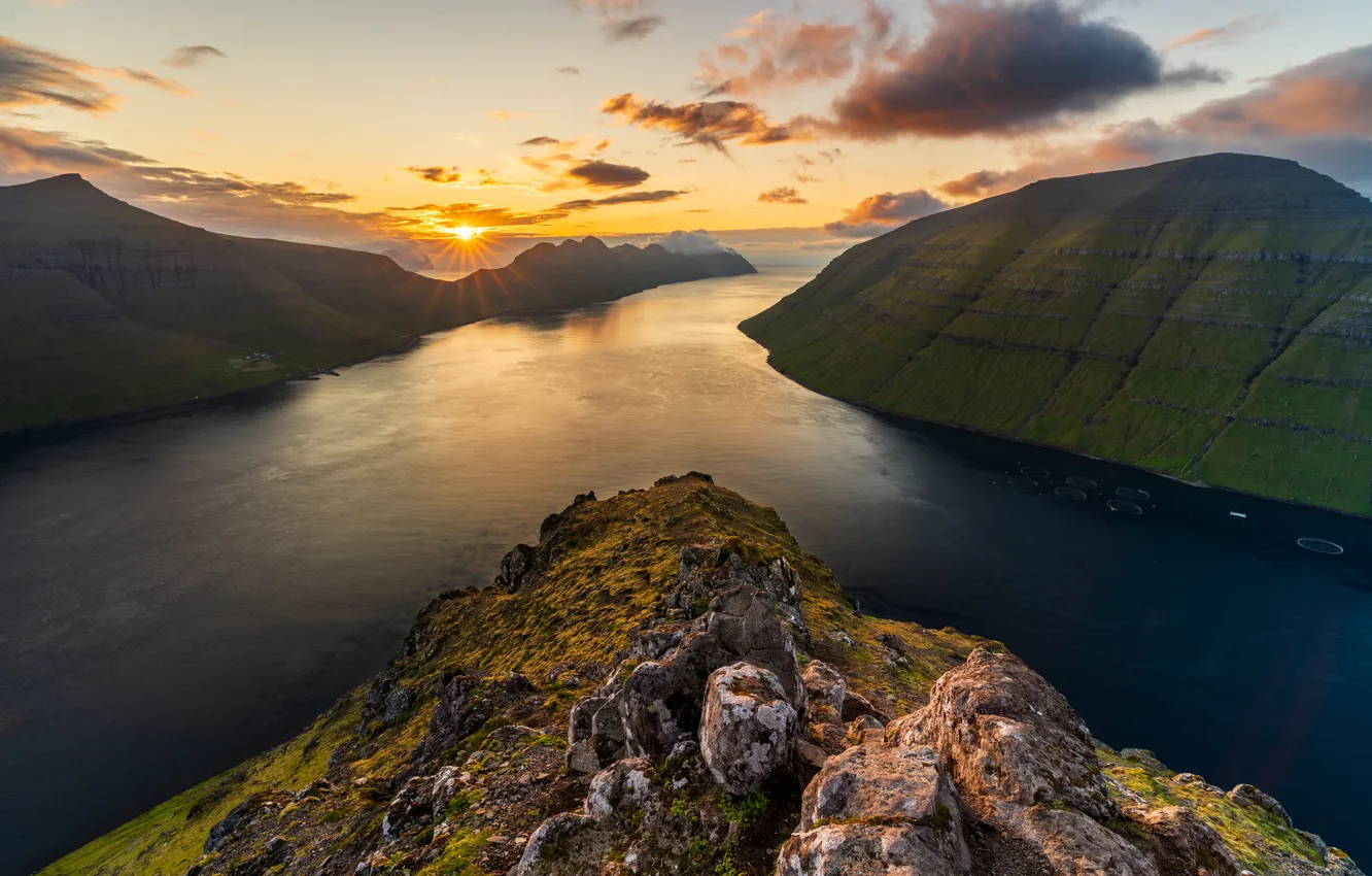 Photo wallpaper the sky, the sun, clouds, light, mountains, river, stones, rocks