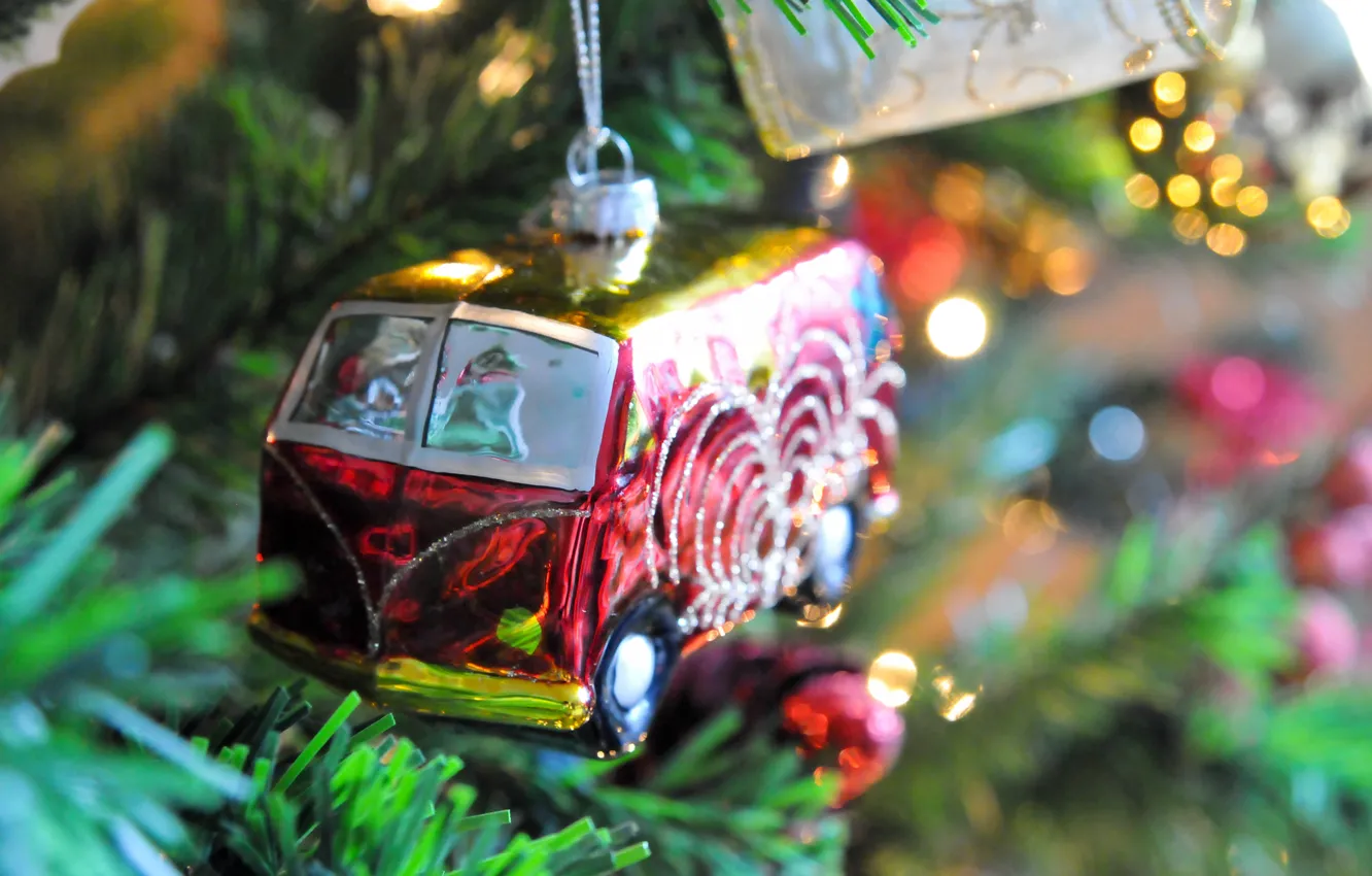 Photo wallpaper branches, toy, tree, new year, spruce, Volkswagen, Christmas, bus