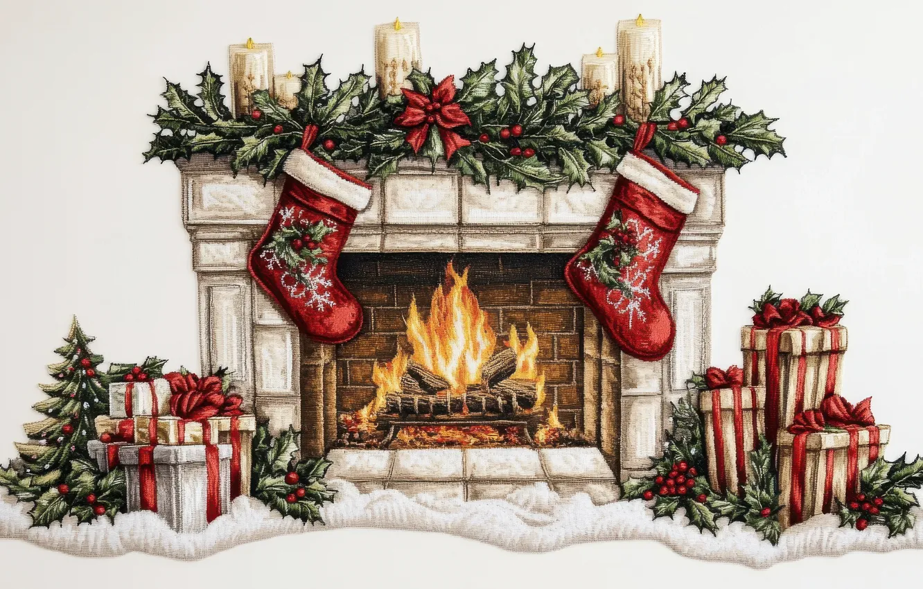 Photo wallpaper lights, comfort, flame, box, gift, new year, interior, Christmas