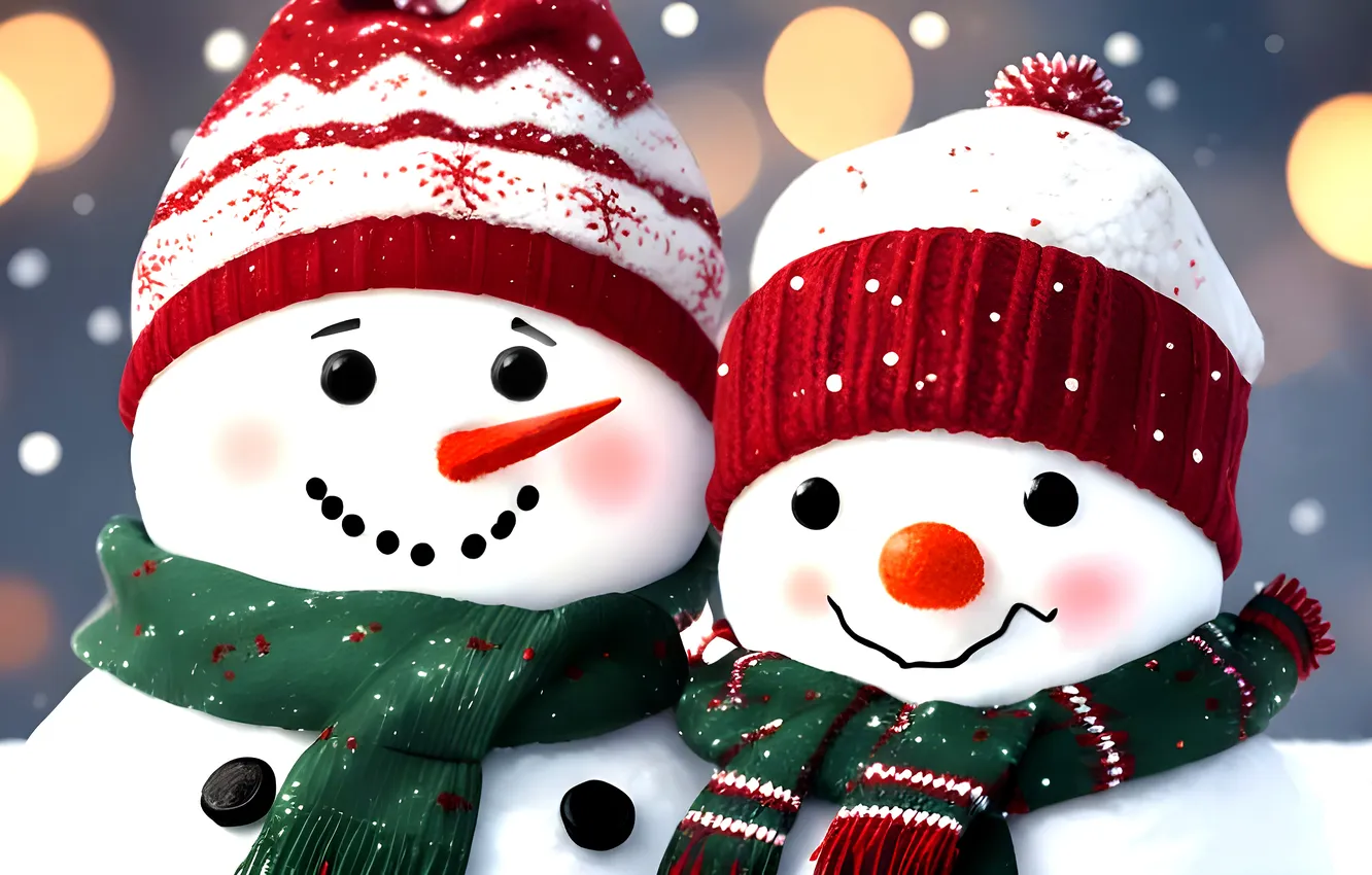 Photo wallpaper hat, new year, portrait, scarf, Christmas, snowman, a couple, two snowmen