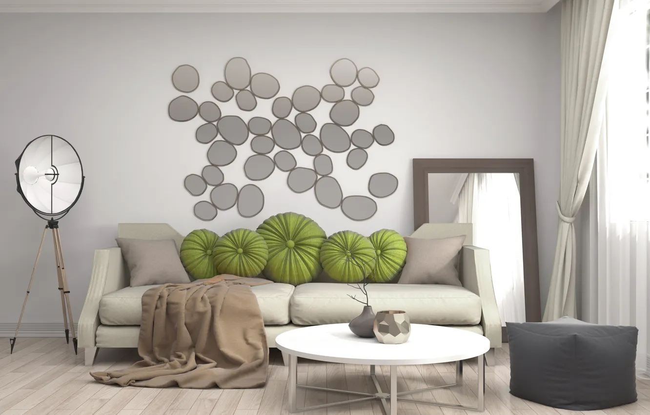 Photo wallpaper sofa, mirror, living room, decor, modern, interr, .