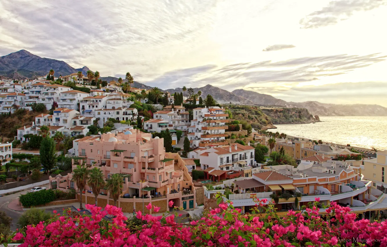 Photo wallpaper sea, flowers, mountains, home, Spain, Andalusia