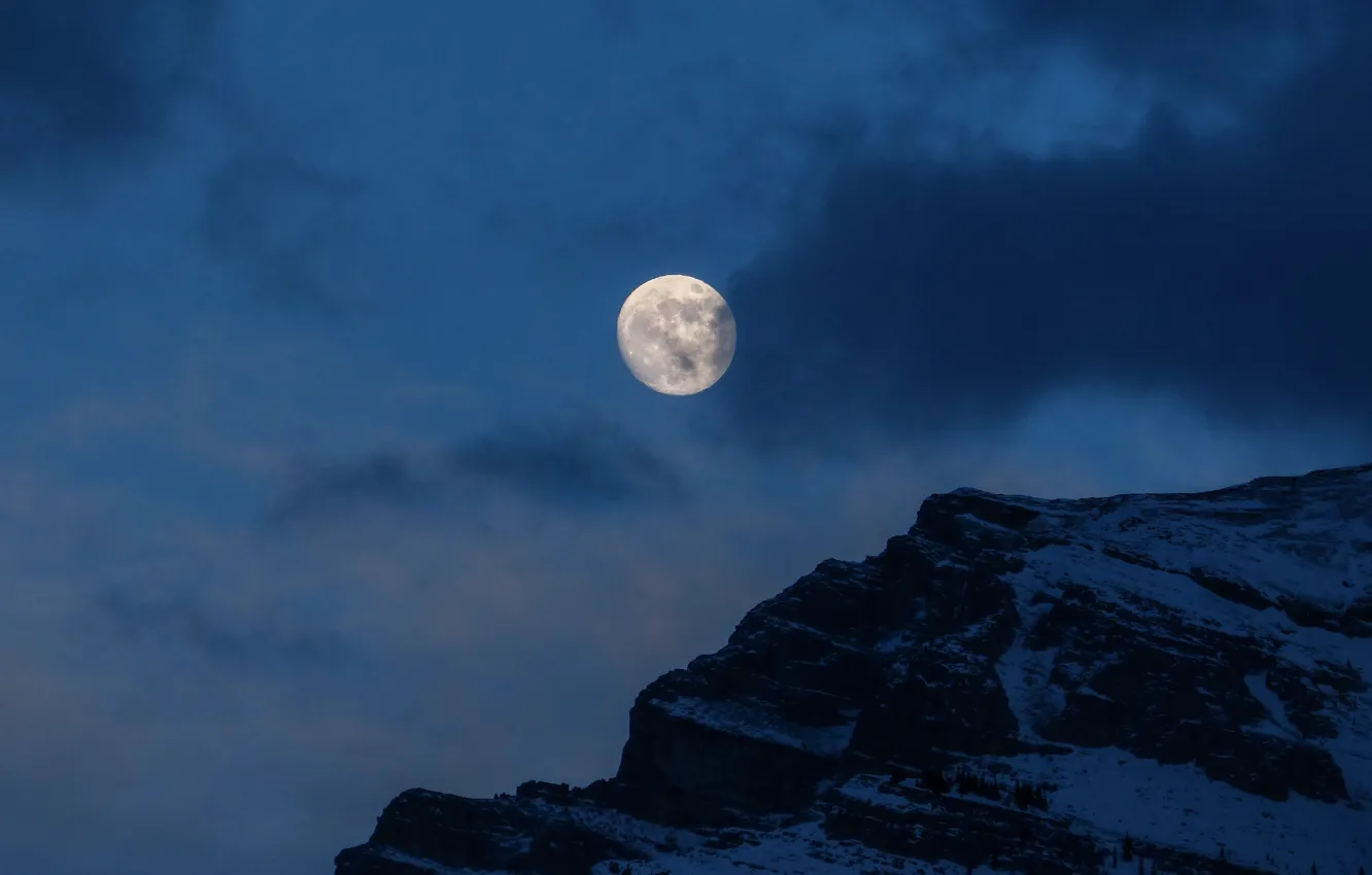Photo wallpaper winter, the sky, clouds, snow, mountains, night, nature, rocks
