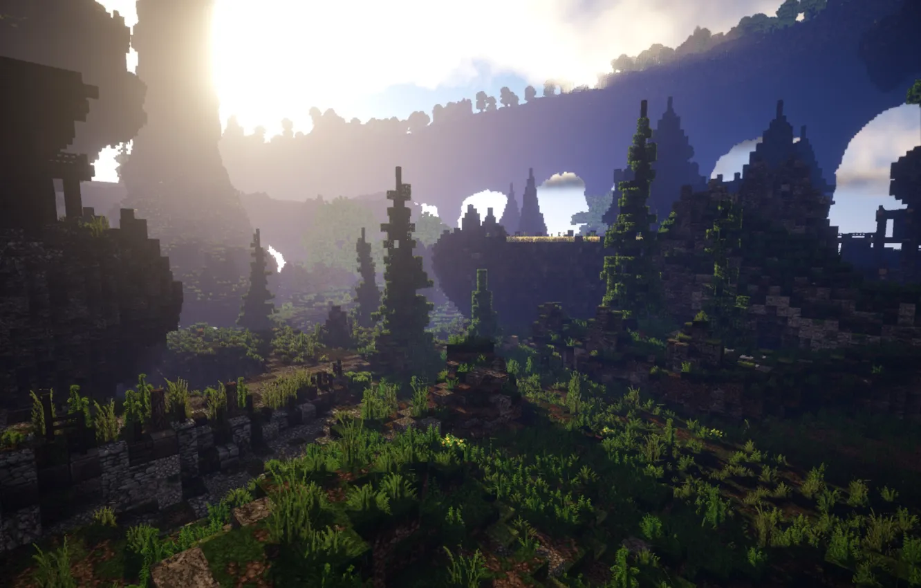 Photo wallpaper forest, the sky, grass, the sun, clouds, rays, trees, landscape