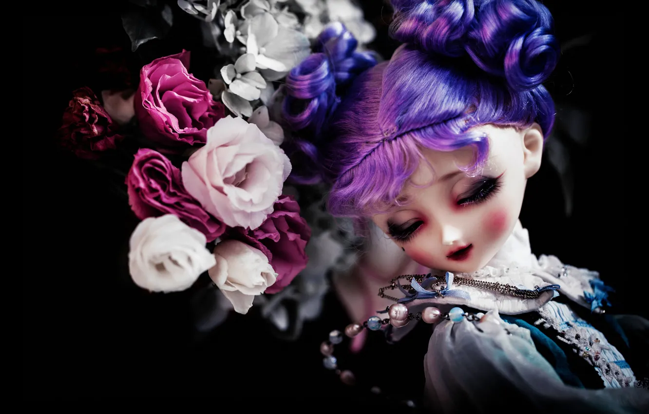 Photo wallpaper girl, flowers, eyelashes, darkness, the dark background, background, black, hair