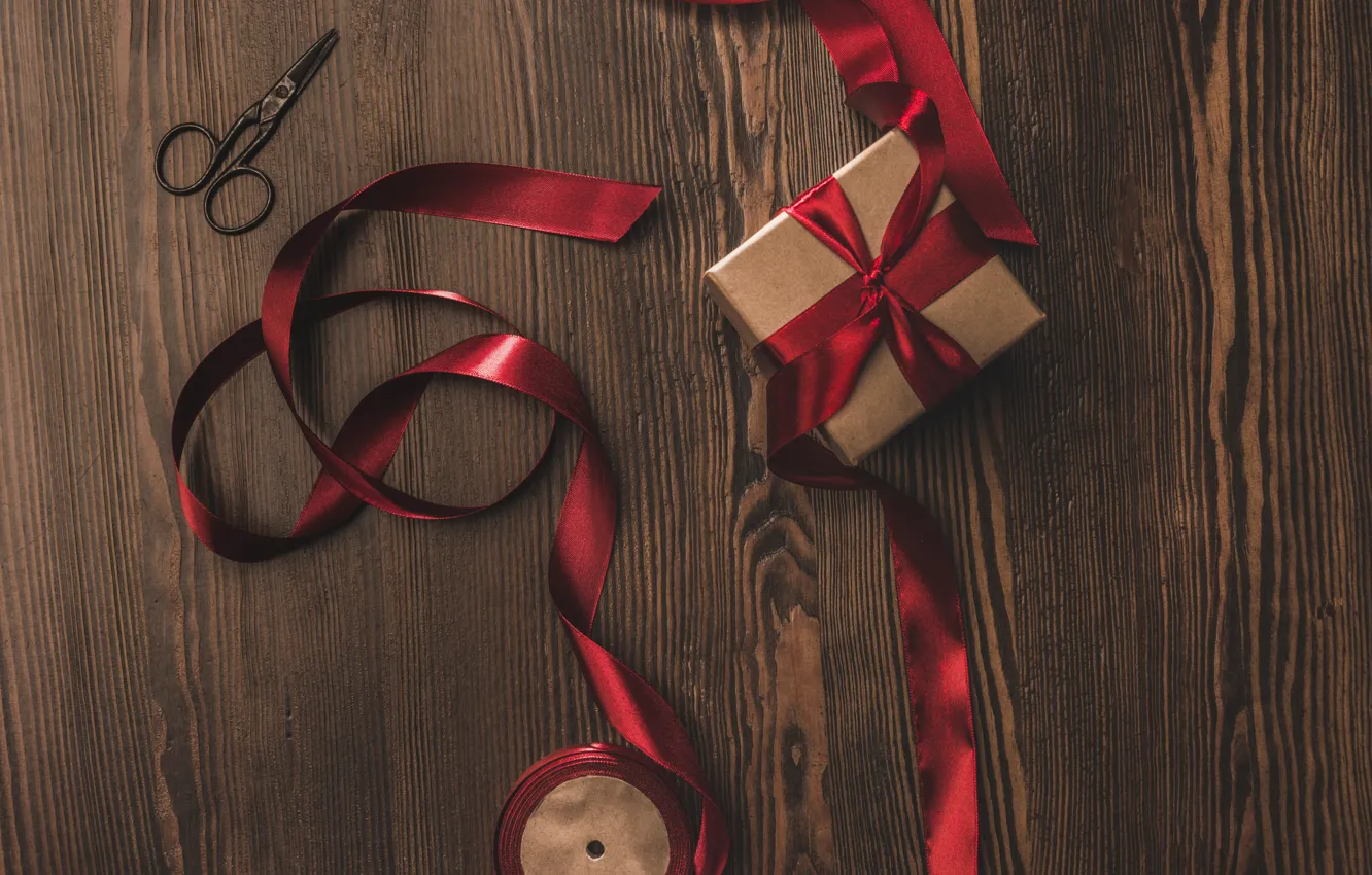 Photo wallpaper tape, Holiday, scissors, box, Gift