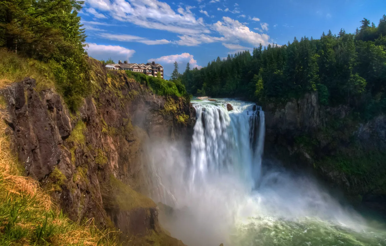 Photo wallpaper house, open, waterfall, stream, Snoqualmie Falls