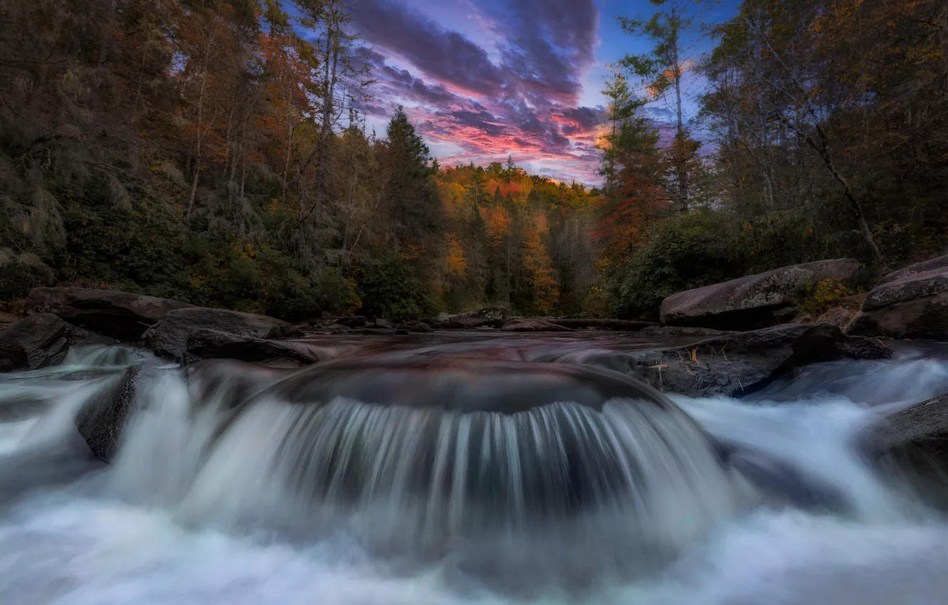 Photo wallpaper autumn, forest, landscape, sunset, nature, river, stones, waterfall