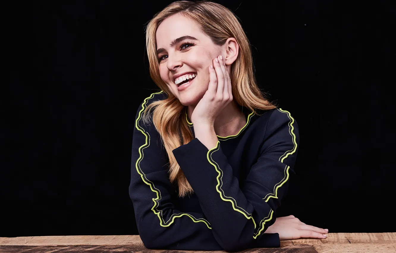 Photo wallpaper joy, mood, laughter, makeup, dress, actress, hairstyle, sitting