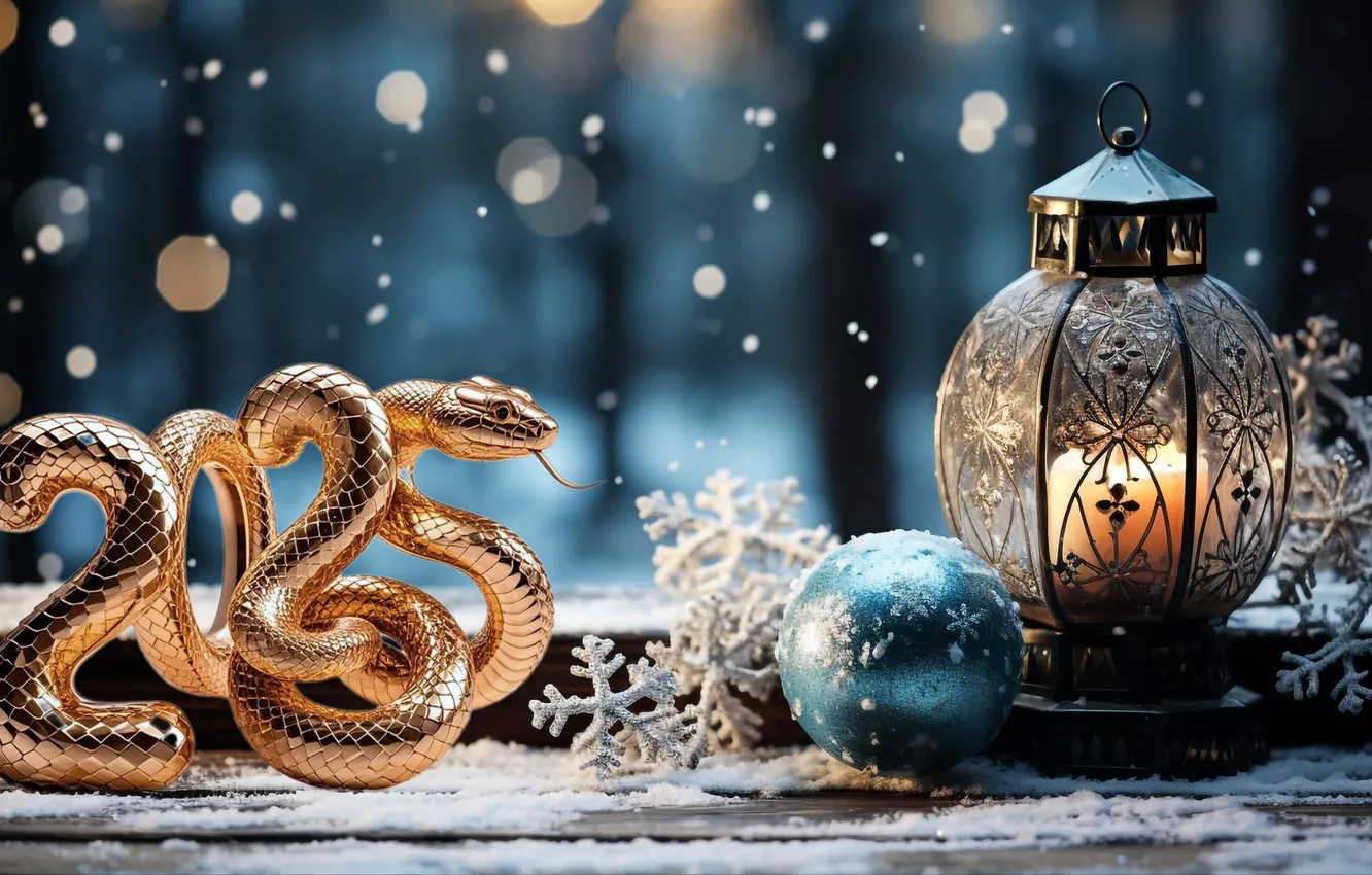 Photo wallpaper winter, snow, gold, snake, figures, New year, golden, new year