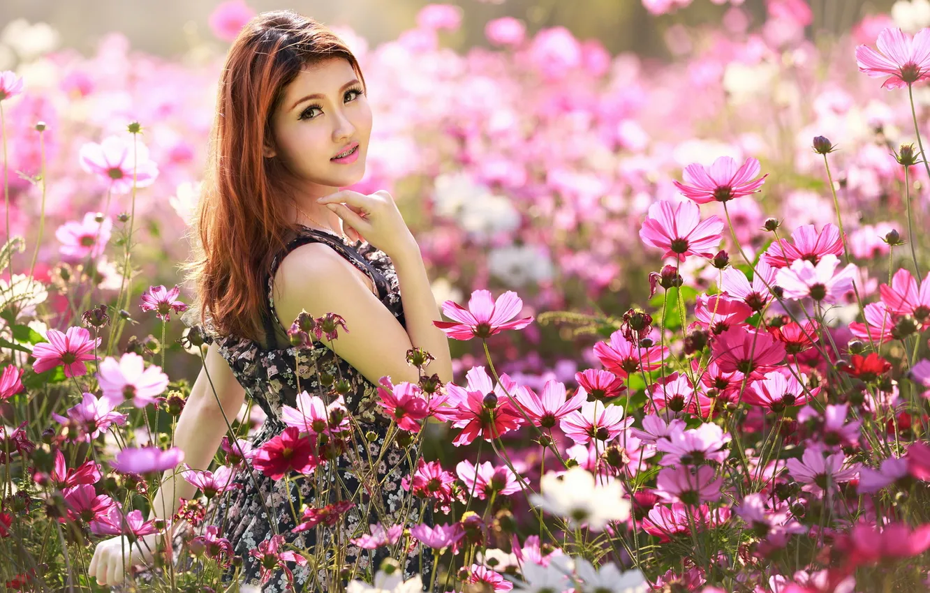 Photo wallpaper summer, girl, flowers, Asian