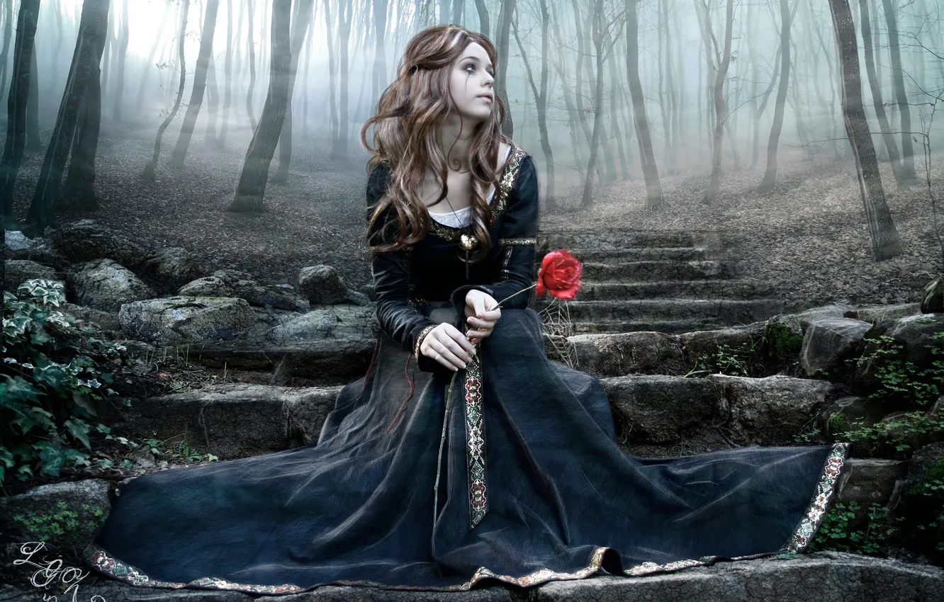 Photo wallpaper sadness, forest, rose, Girl, tears, stage