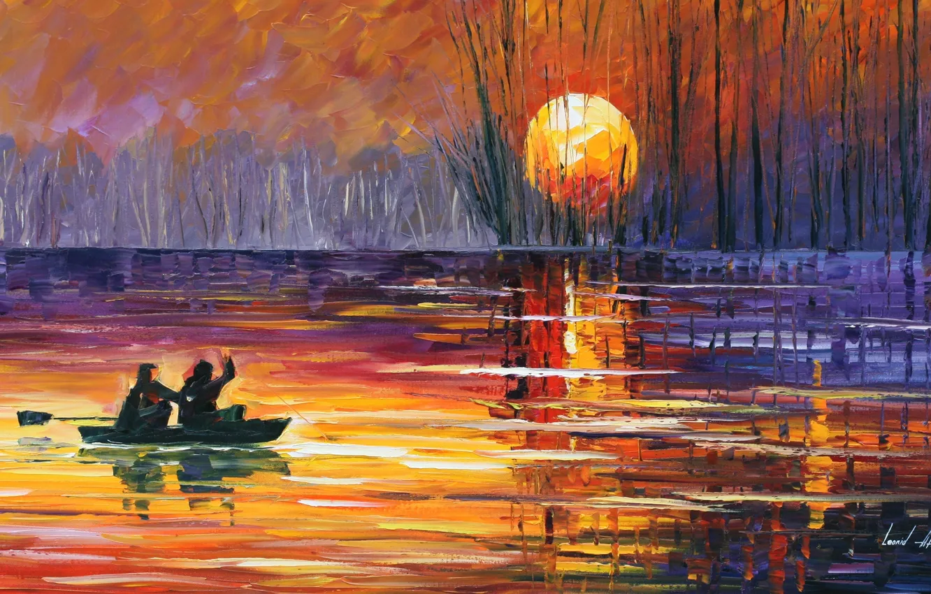Photo wallpaper trees, sunset, lake, boat, people, Leonid Afremov