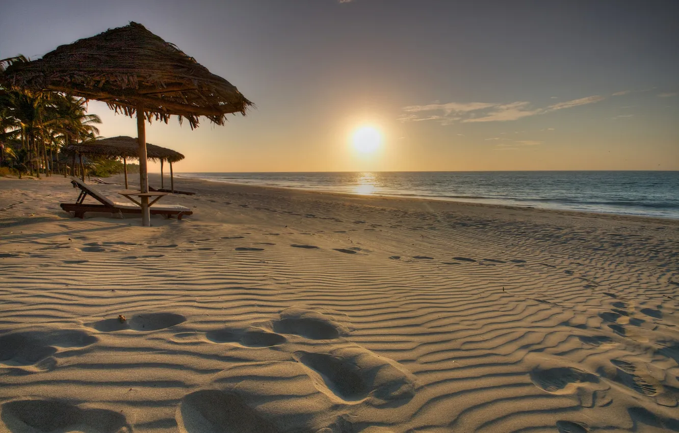 Photo wallpaper sand, sea, beach, the sky, the sun, sunset, umbrella, canopy