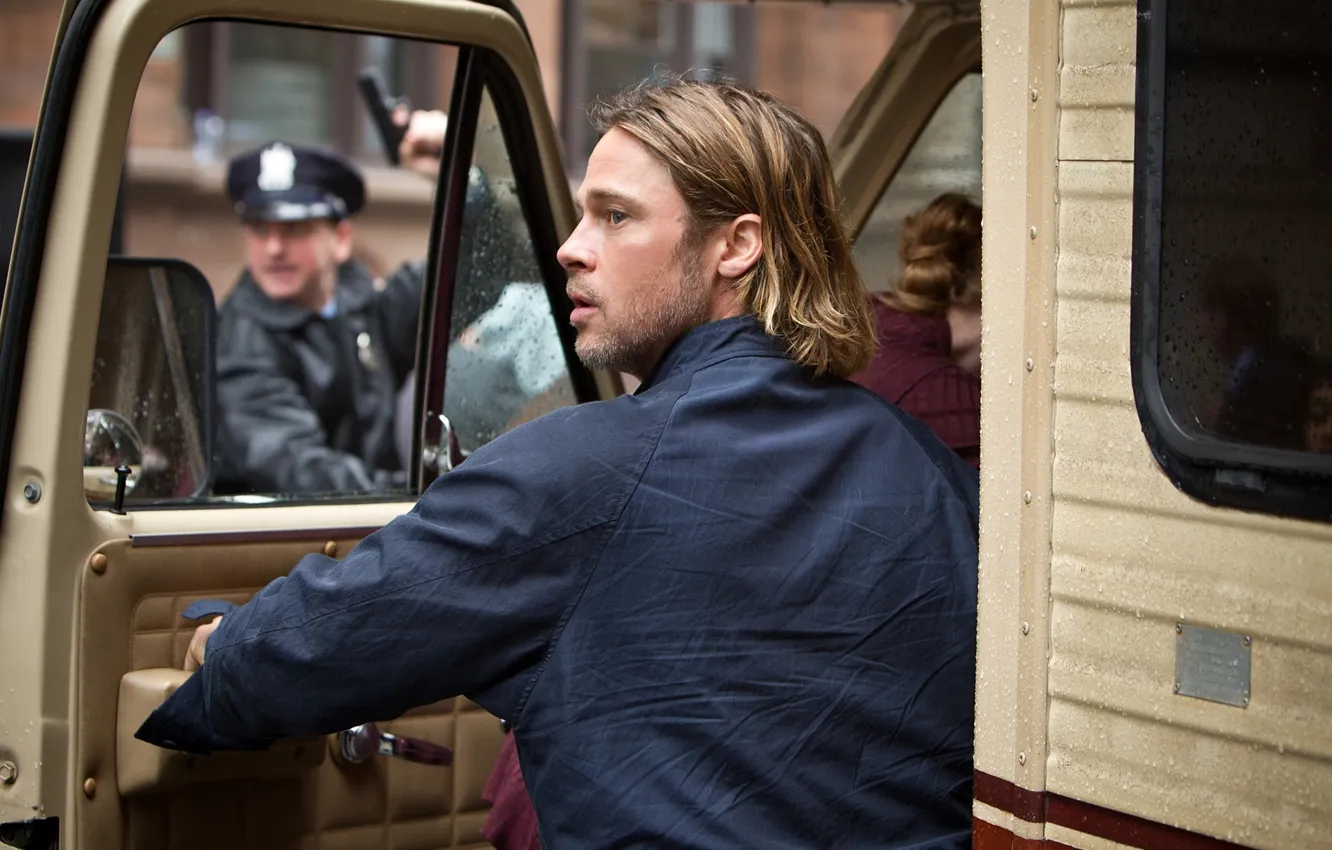 Photo wallpaper machine, gun, weapons, people, male, Brad Pitt, police, World war Z