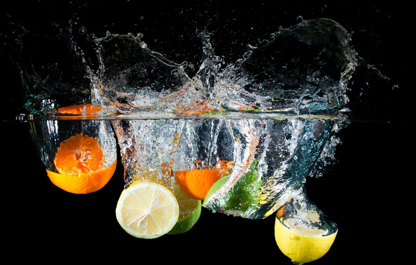 Photo wallpaper water, squirt, lemon, orange, lime, citrus