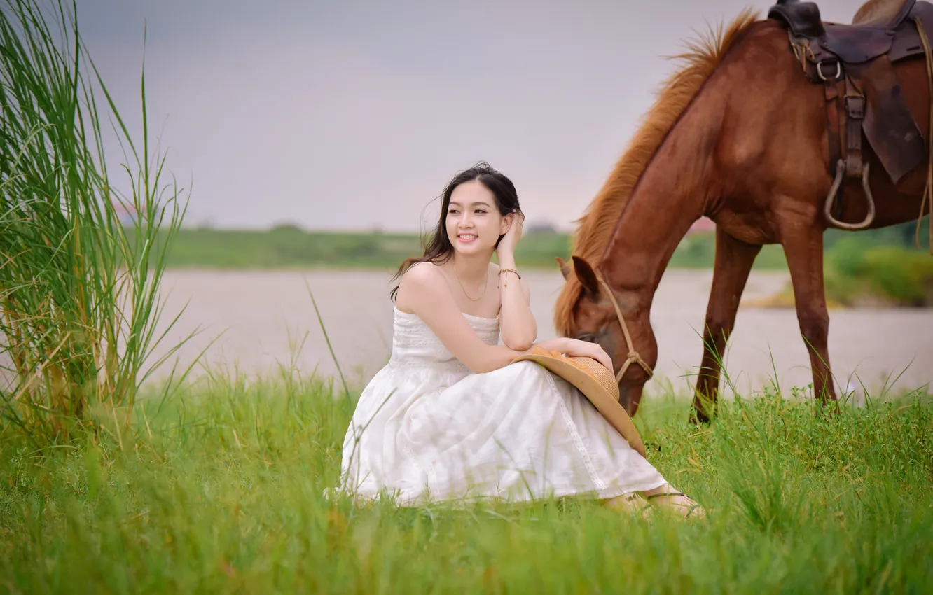 Photo wallpaper girl, face, smile, hair, horse