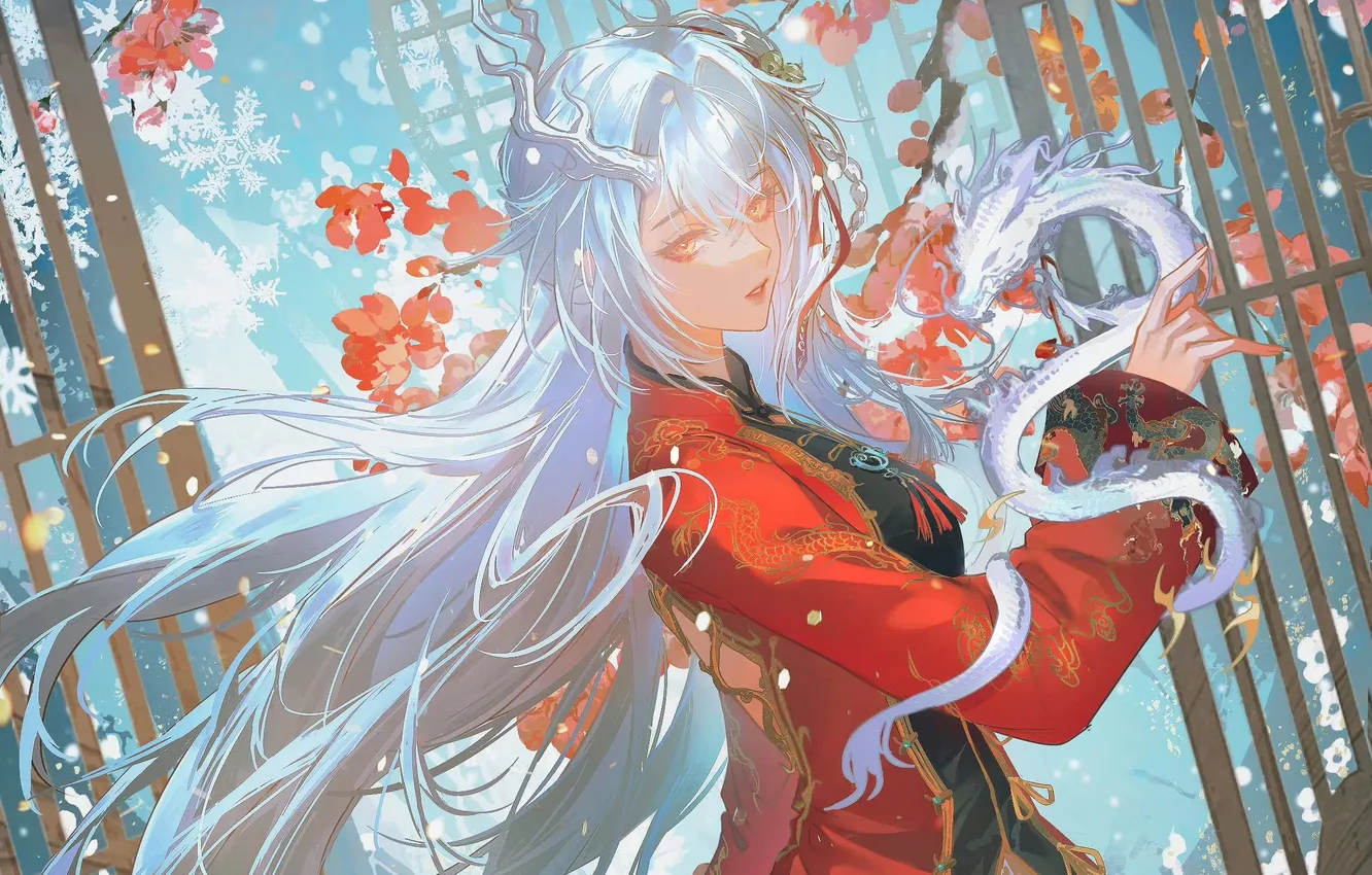 Photo wallpaper girl, flowers, horns, white hair