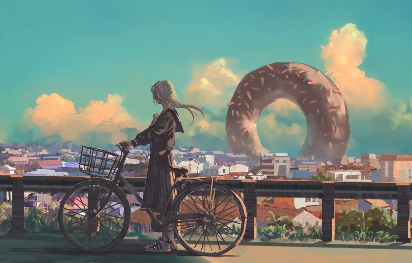 Photo wallpaper the sky, girl, bike, the city, donut