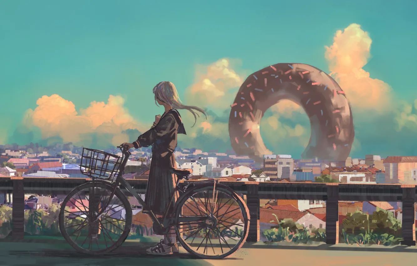Photo wallpaper the sky, girl, bike, the city, donuts