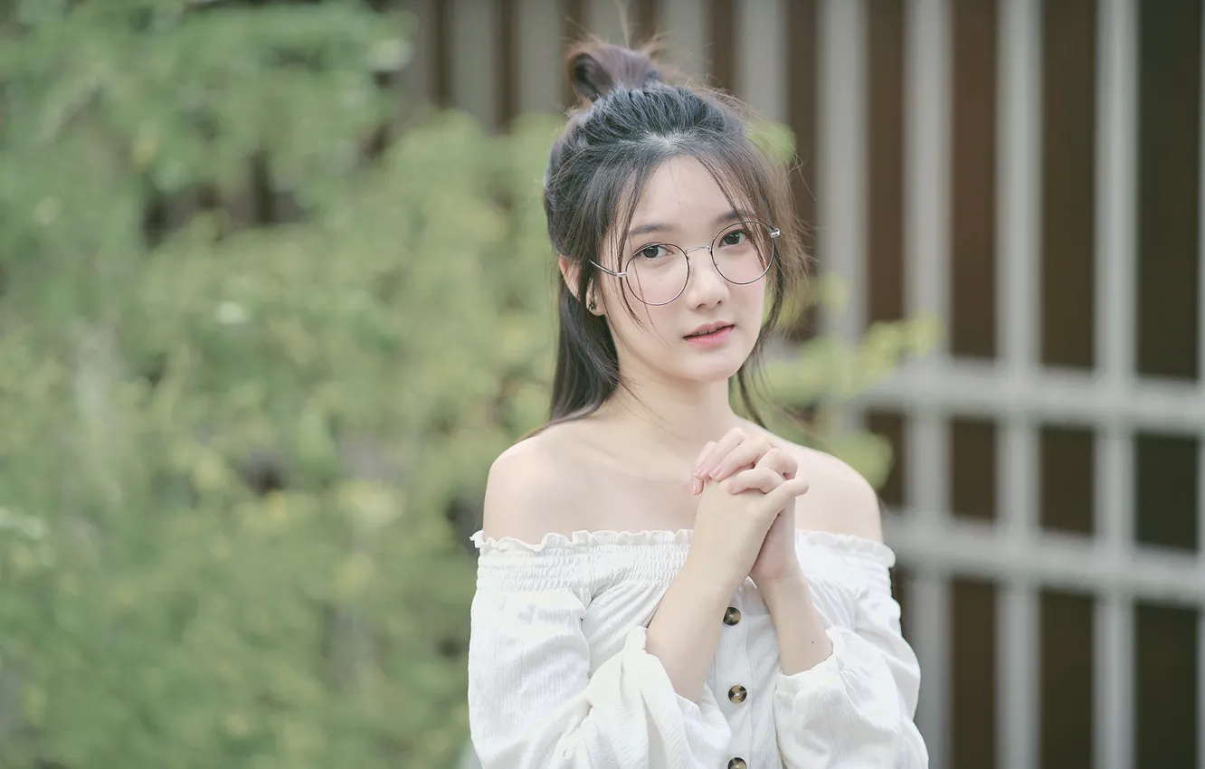 Photo wallpaper girl, woman, asian, glasses, cute, benediction