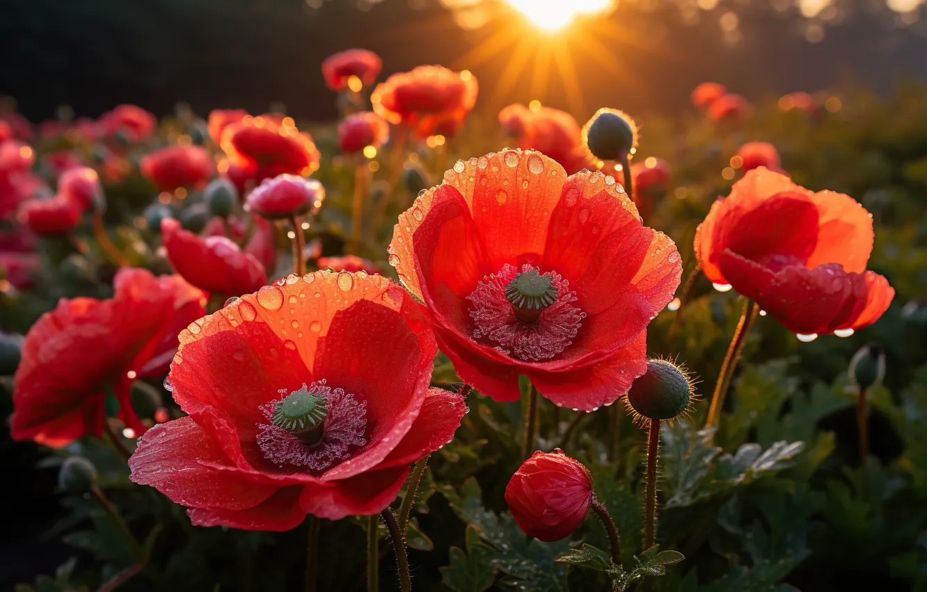 Photo wallpaper summer, leaves, the sun, drops, rays, light, sunset, flowers