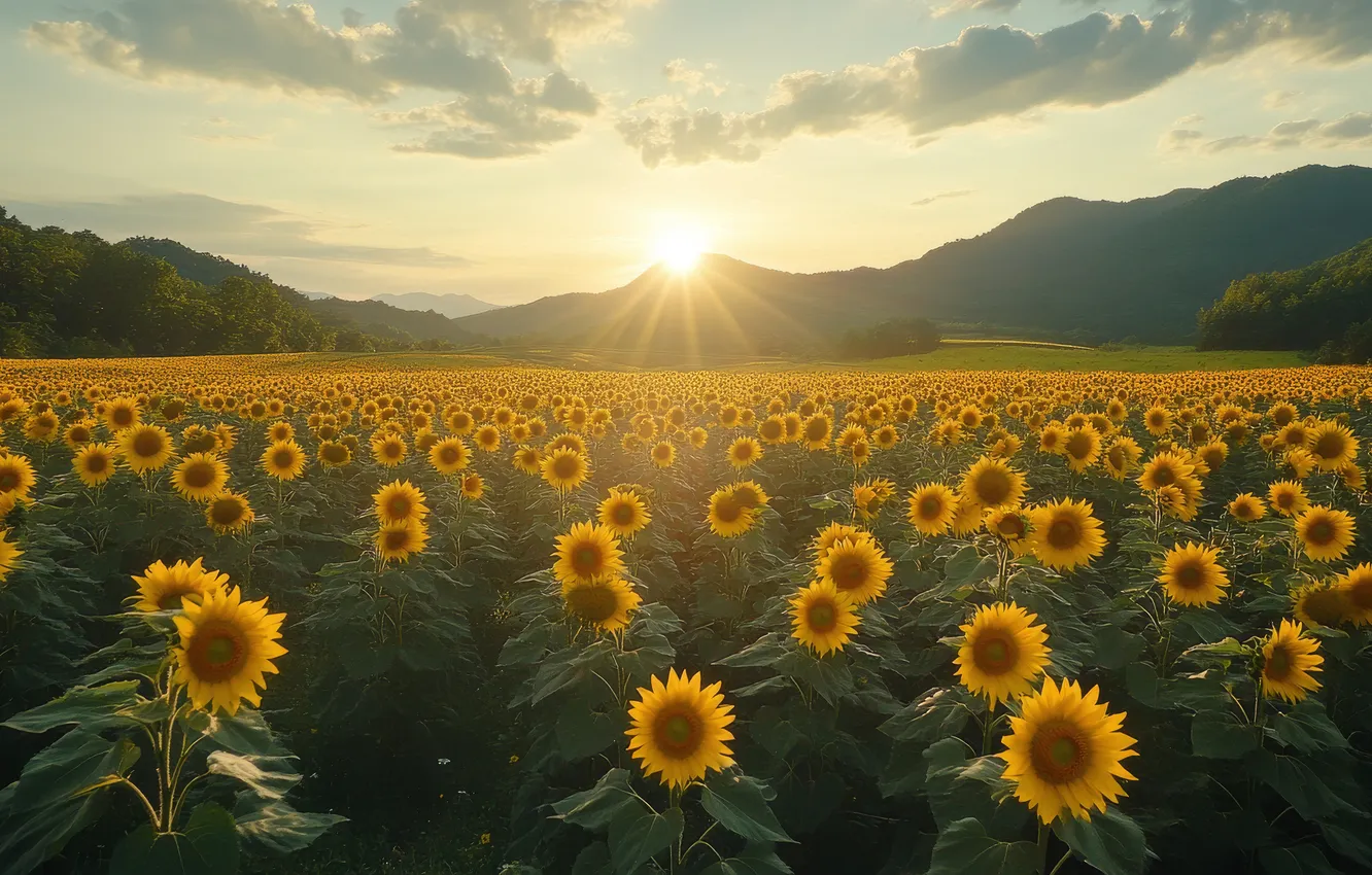 Photo wallpaper field, summer, the sky, the sun, clouds, rays, light, sunflowers