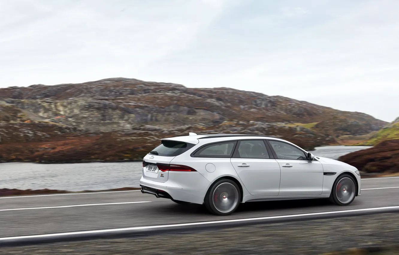 Photo wallpaper road, white, landscape, movement, Jaguar, pond, universal, XF Sportbrake 25d AWD