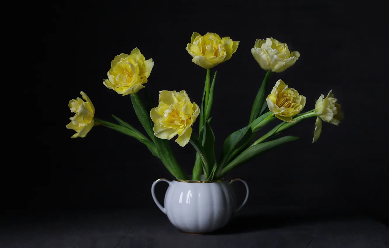 Photo wallpaper flowers, yellow, bouquet, tulips, black background, still life, sugar bowl
