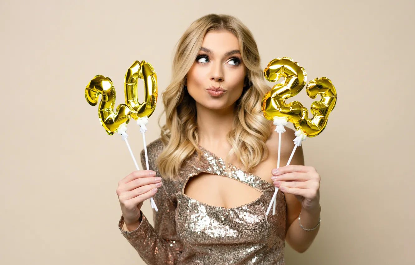 Photo wallpaper girl, new year, blonde, New Year, happy, Flirty, 2023