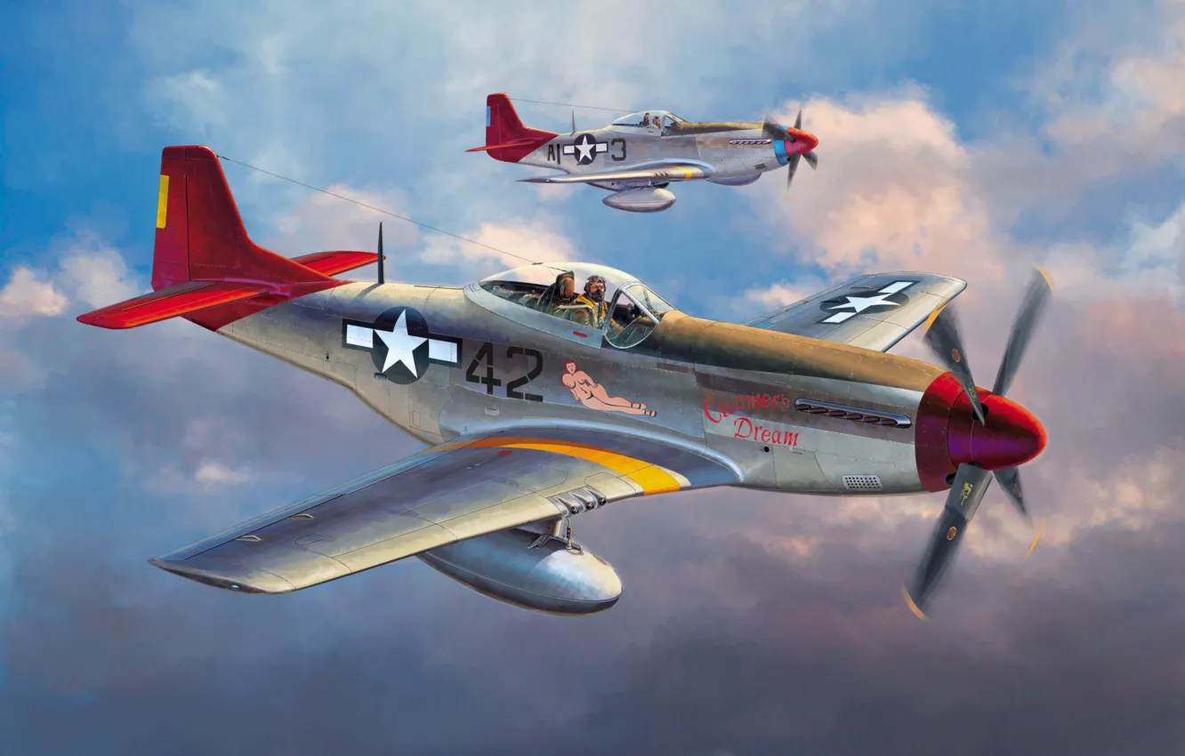 Photo wallpaper war, art, painting, aviation, WW2, P-51 D Mustang
