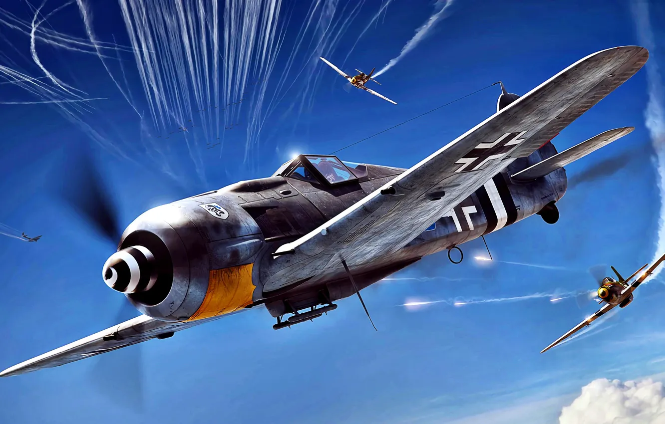 Photo wallpaper attack, P-51D, Sturmbock, Fw.190A-8/R8, JG4, Contrail