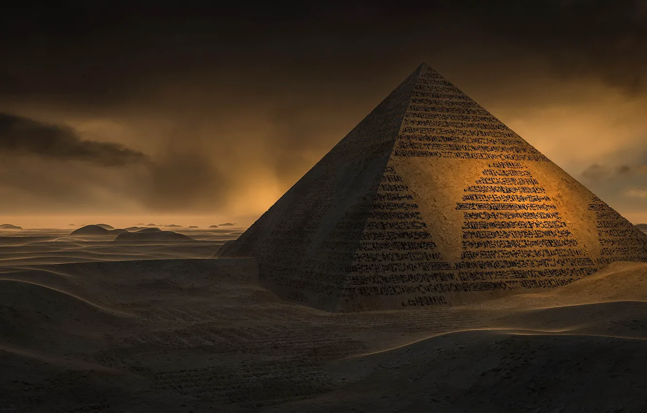 Photo wallpaper sand, desert, pyramid, characters
