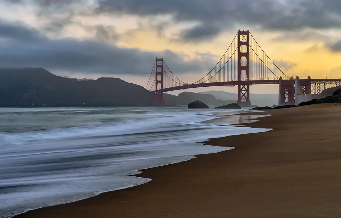 Photo wallpaper sand, beach, mountains, bridge, the city, fog, hills, San Francisco