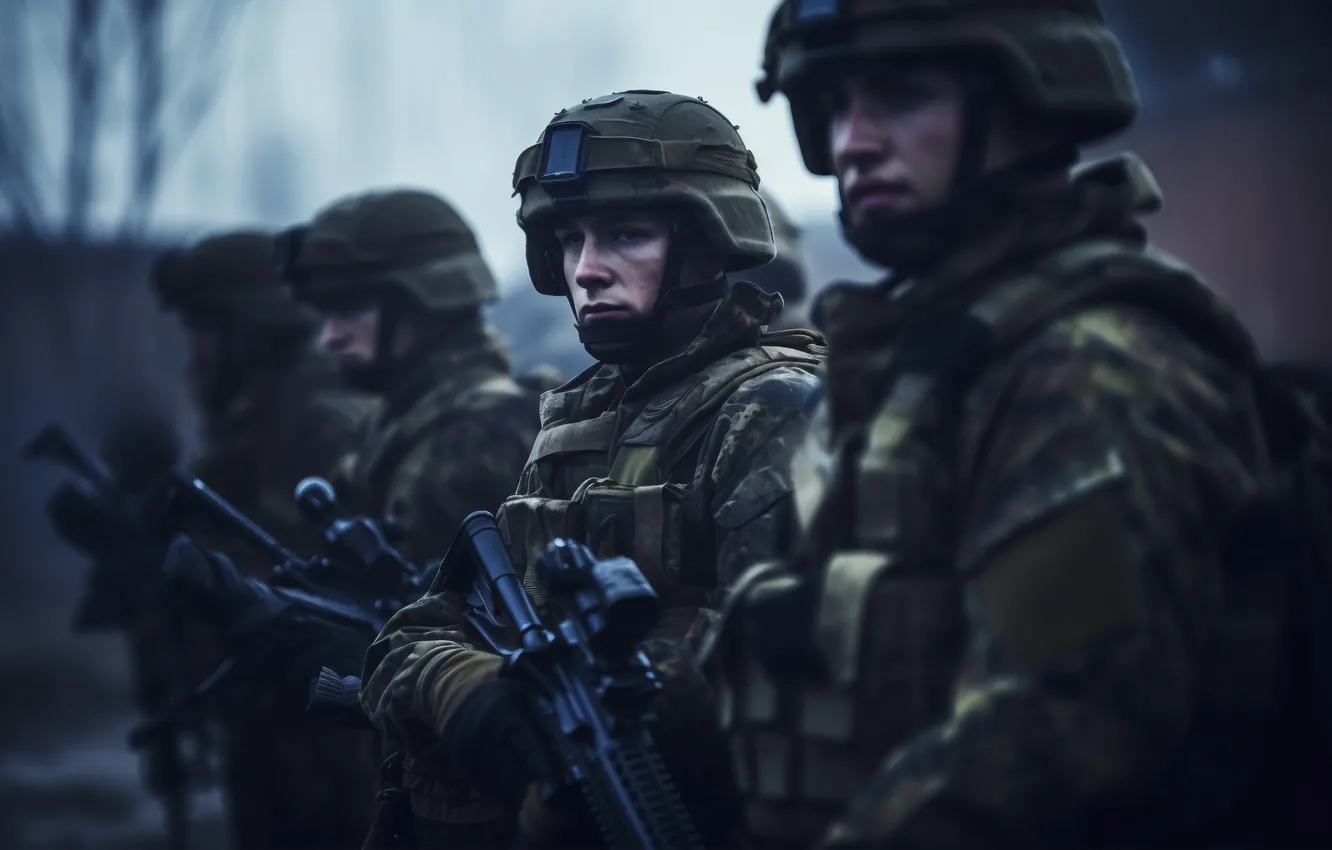 Photo wallpaper soldiers, machine, male, equipment, digital art, AI art, The Art of Artificial Intelligence, neural network