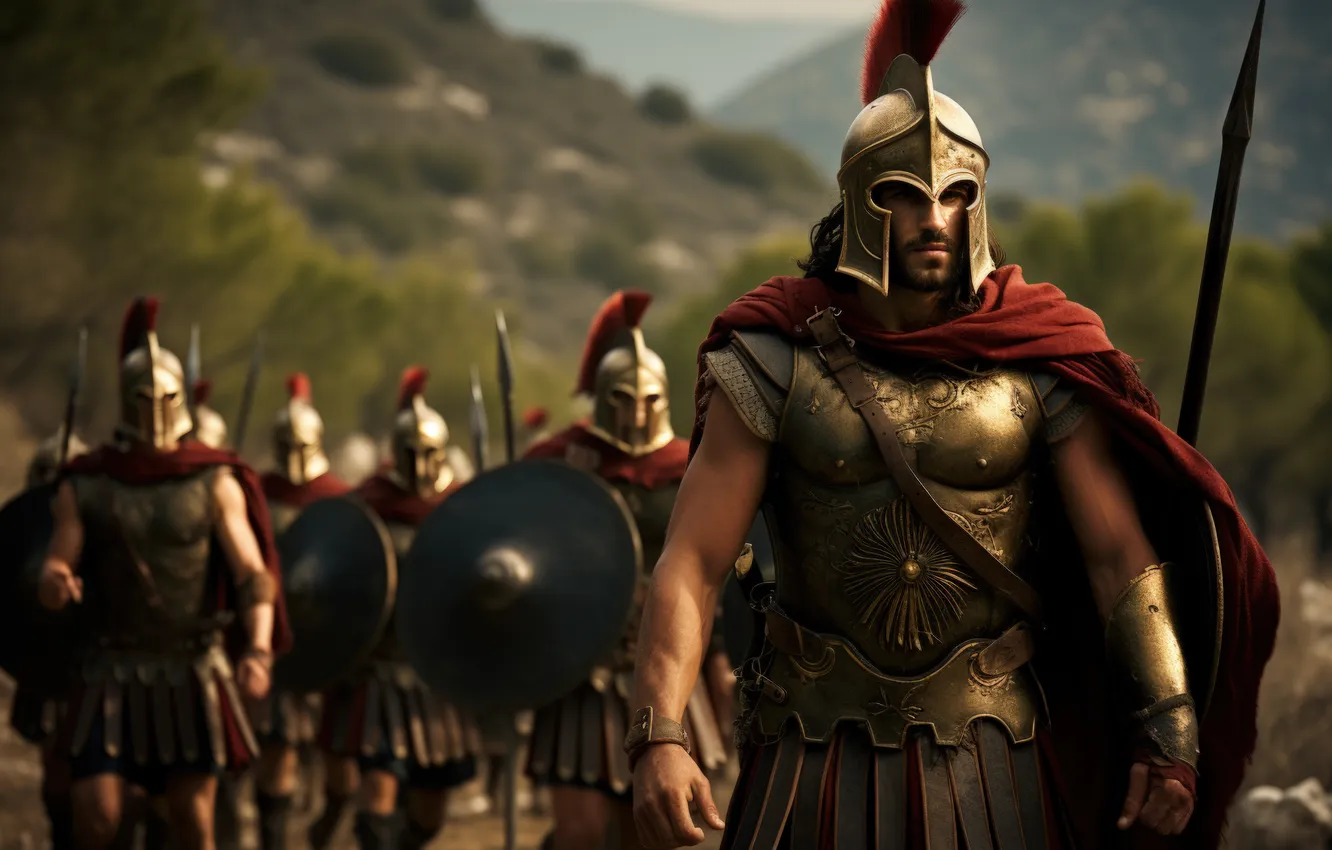 Photo wallpaper Armor, Warriors, Men, Digital art, Hats, Ancient Greece, The Spartans, AI art